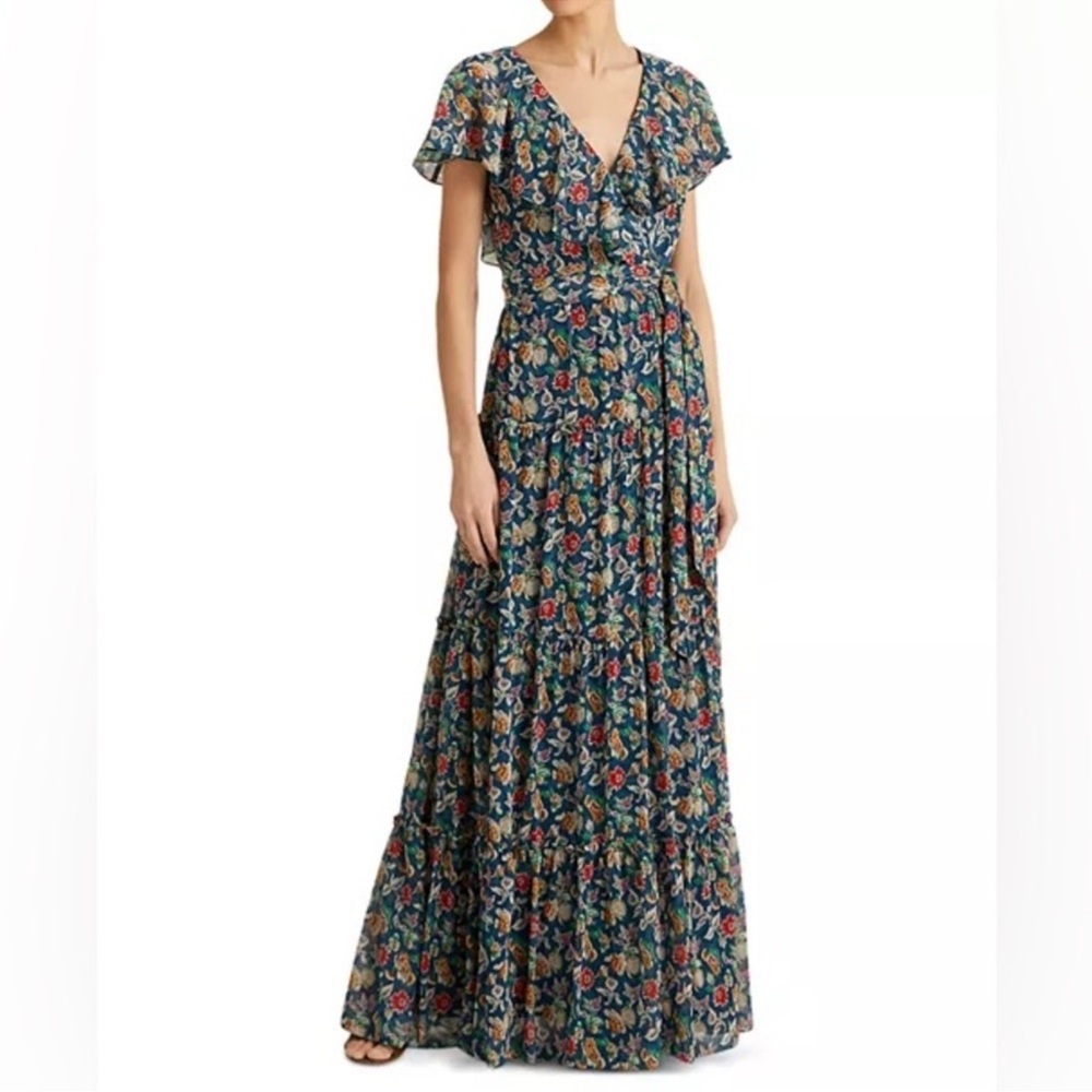 Lauren Ralph Lauren Floral Georgette Maxi Dress Size 14 Cape Overlay Tiered Blue